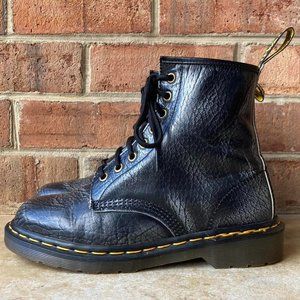 vtg 90s dr. martens MIE 1460 boots with snakeskin patent leather and DMs soles